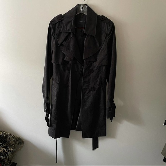 Tahari Black Ruffle Detail Trench Coat - Picture 2 of 9
